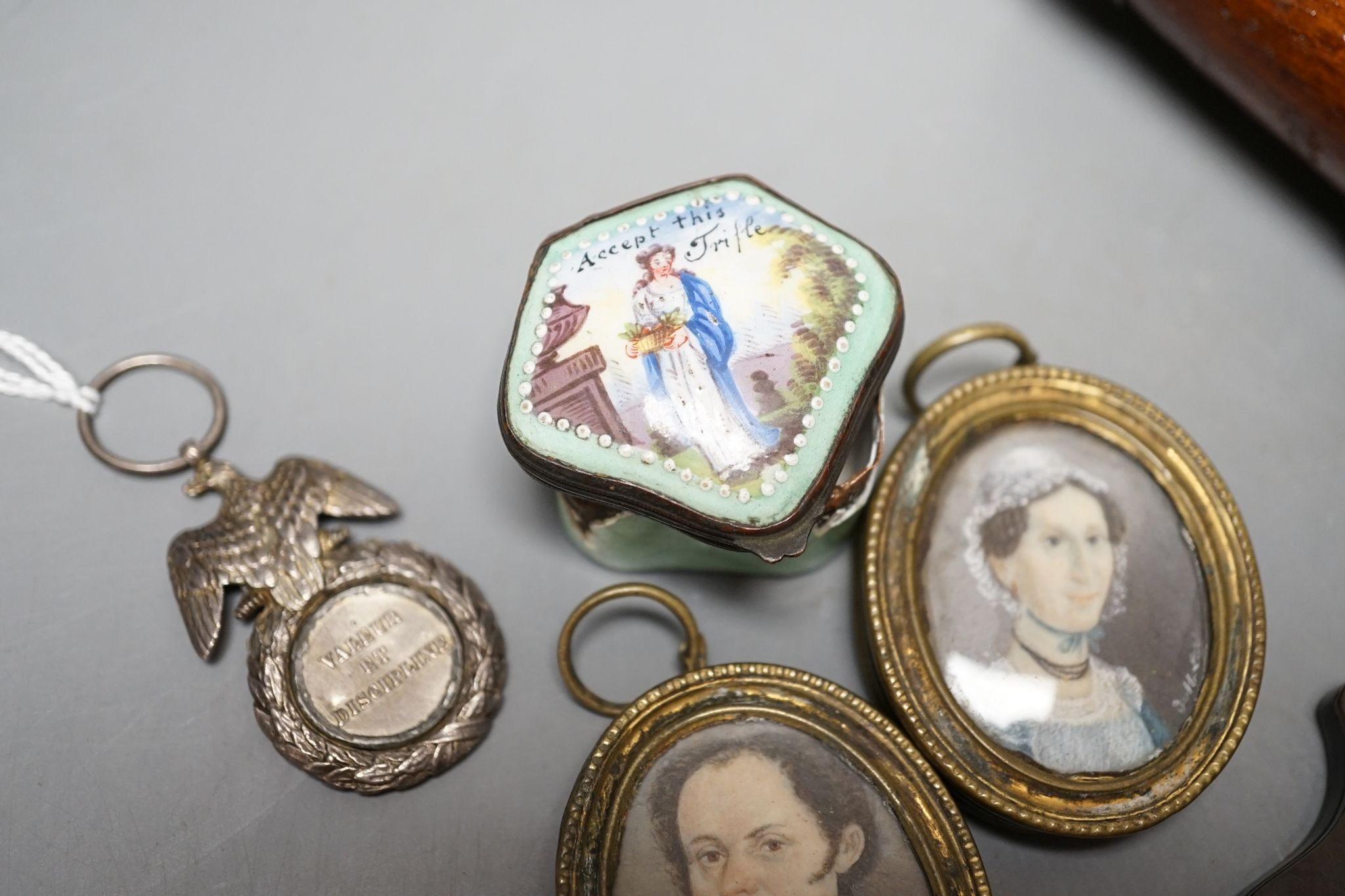 A group of medals and objects of vertu, four-draw telescope,19 cms long, fully drawn.